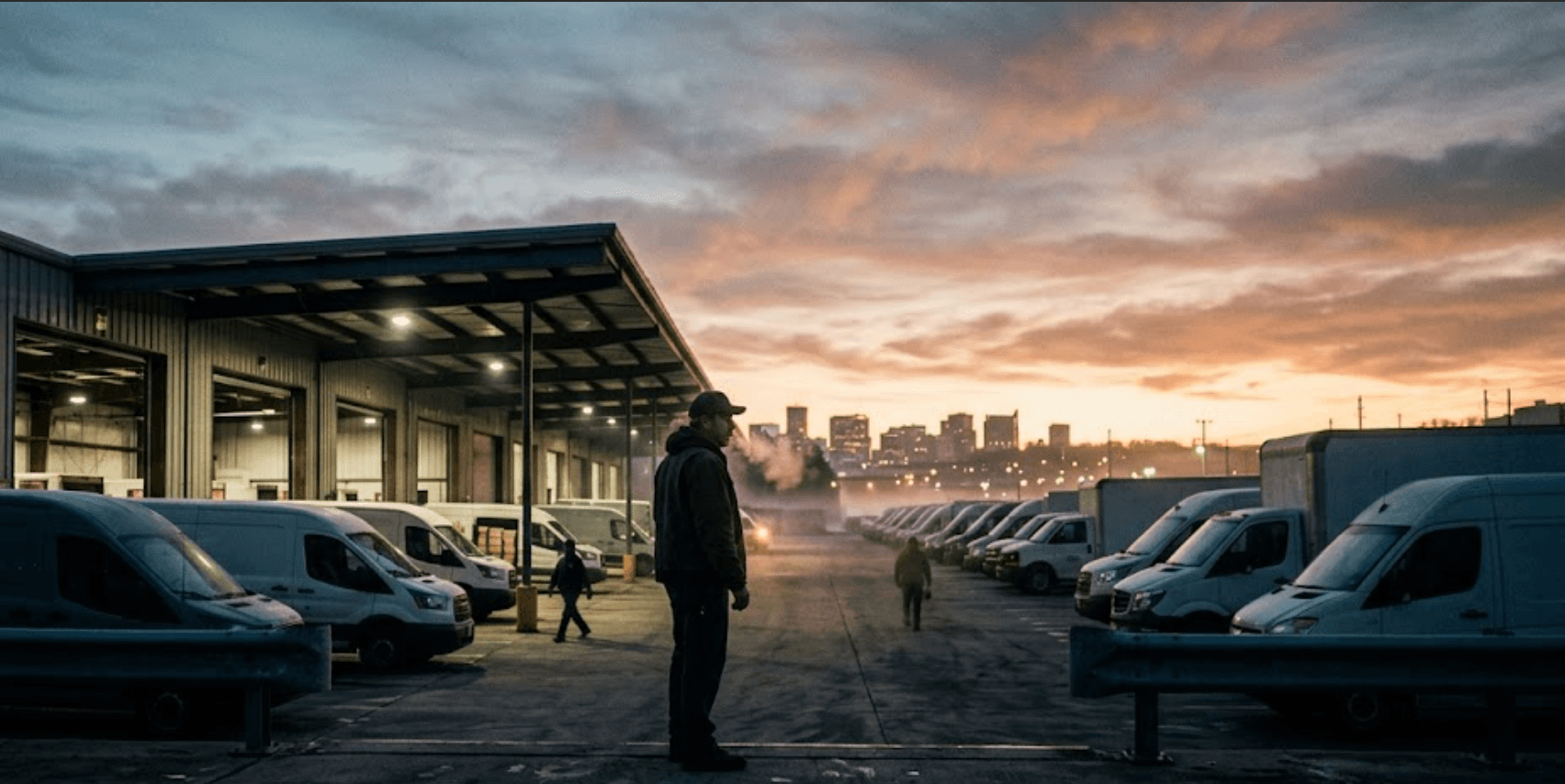 An operator looking across a working terminal at sunrise